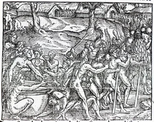 Prozession von Eingeborenen, die trinken und rauchen, graviert von Theodor de Bry (1525-75)